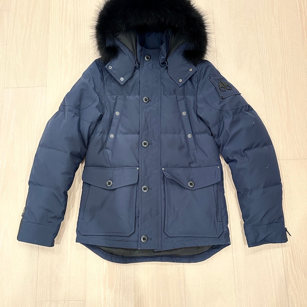Moose Knuckles Dark Blue Puffer Jacket with Black Fur Hood